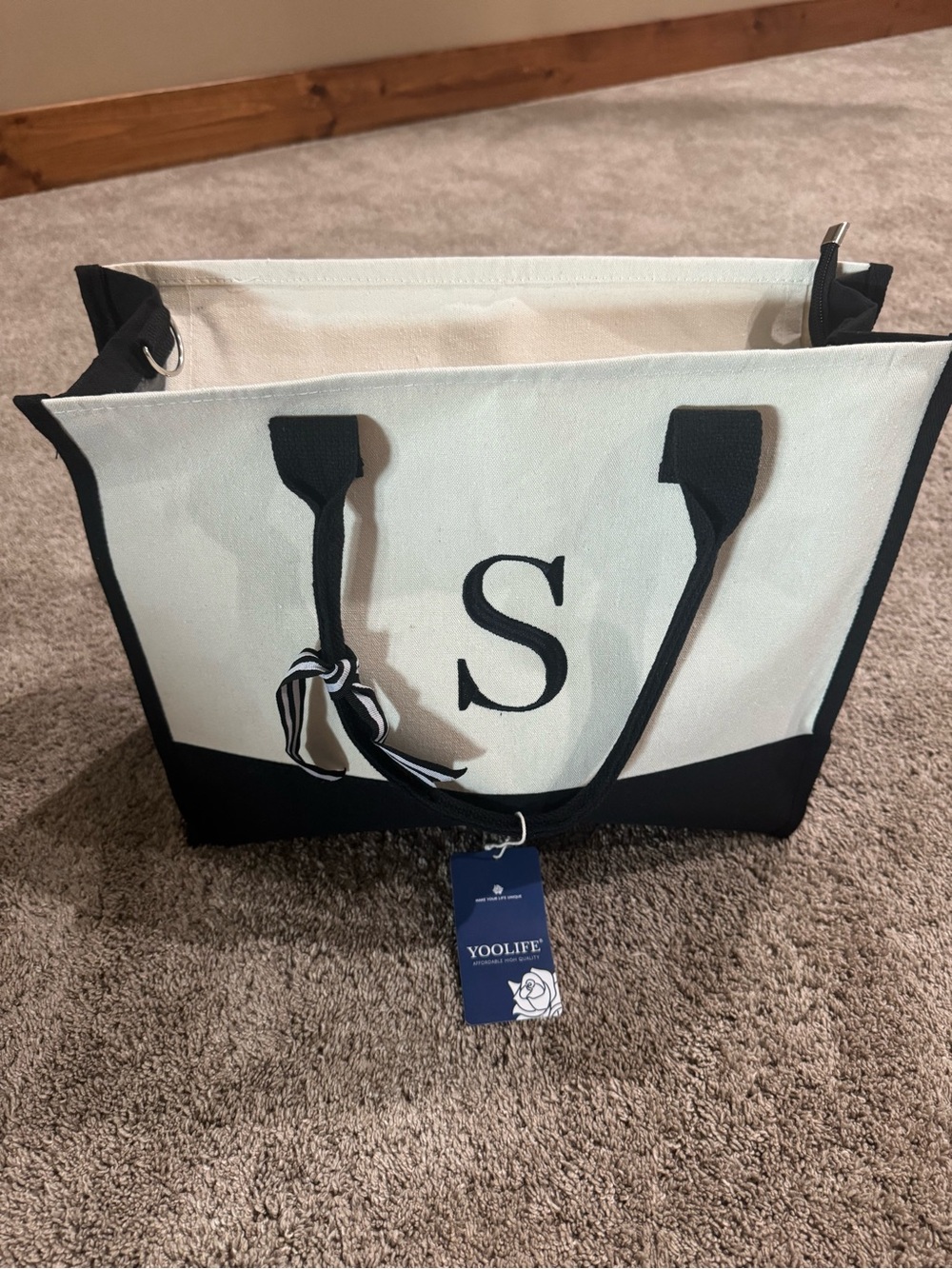 Black & White Canvas Tote Bag with S Monogram - Picture 1 of 6